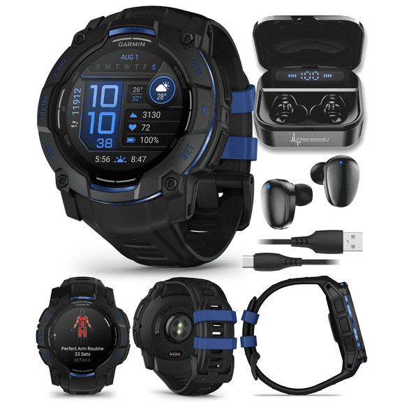 Garmin Instinct 3 Rugged Outdoor GPS Smartwatch – 50mm AMOLED, Supernova Collection, Health & Fitness Tracking, Multi-Band GPS, LED Flashlight, Black/Bolt Blue w/ Wearable4U Black EarBuds Bundle