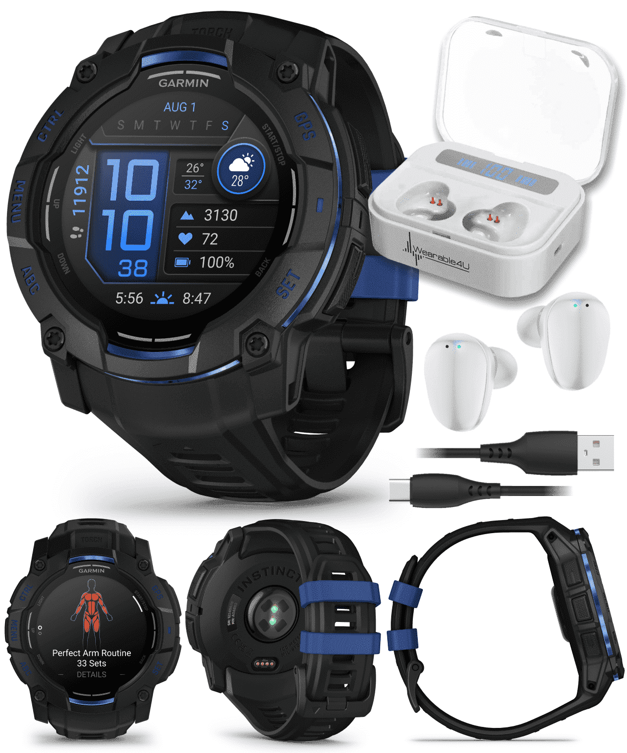 Garmin Instinct 3 Rugged Outdoor GPS Smartwatch – 50mm AMOLED, Supernova Collection, Health & Fitness Tracking, Multi-Band GPS, LED Flashlight, Black/Bolt Blue w/ Wearable4U White EarBuds Bundle