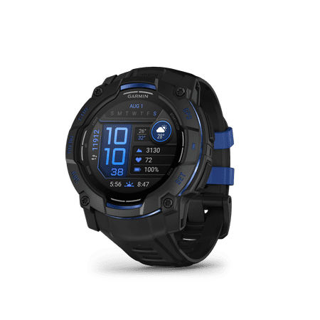 Garmin Instinct 3 – 50 mm, AMOLED Display, Rugged Outdoor GPS Smartwatch, Built-In Flashlight, Supernova Collection Limited Edition Color, Black with Black/Bolt Blue Silicone Band