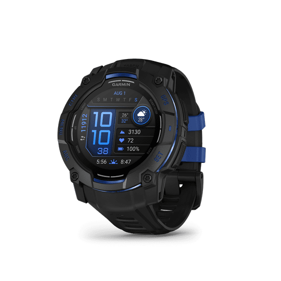 Garmin Instinct 3 – 50 mm, AMOLED Display, Rugged Outdoor GPS Smartwatch, Built-In Flashlight, Supernova Collection Limited Edition Color, Black with Black/Bolt Blue Silicone Band