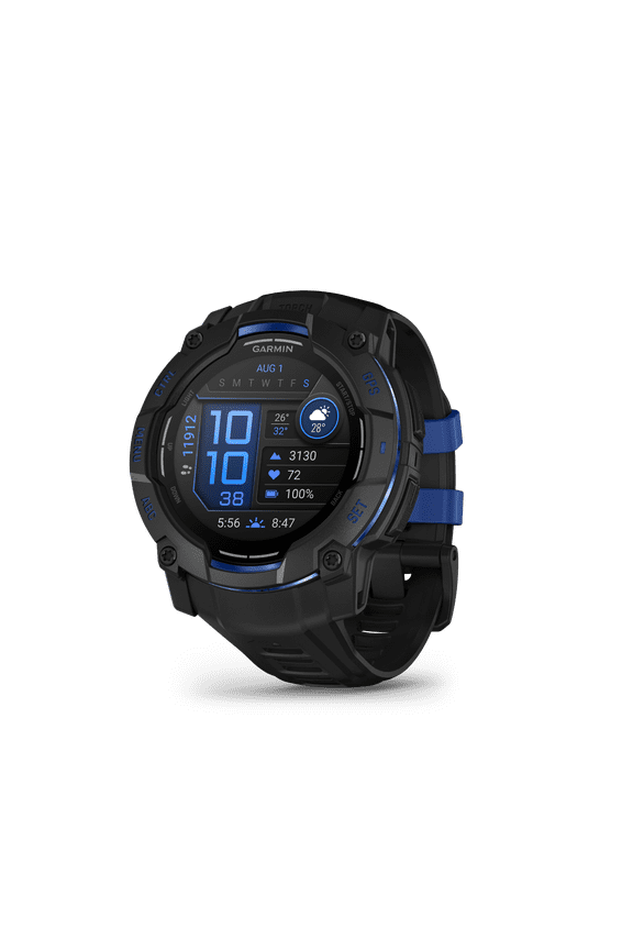 Instinct 3 – 50 mm, AMOLED Display, Rugged Outdoor GPS Smartwatch, Built-In Flashlight, Supernova Collection Limited Edition Color, Black with Black/Bolt Blue Silicone Band