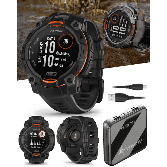Garmin Instinct 3 Solar 45 mm, Rugged Outdoor GPS Smartwatch, Metal-Reinforced Bezel, Built-in Flashlight, Up to 28 Days of Battery Life, Black with Black Band with Wearable4U Bundle