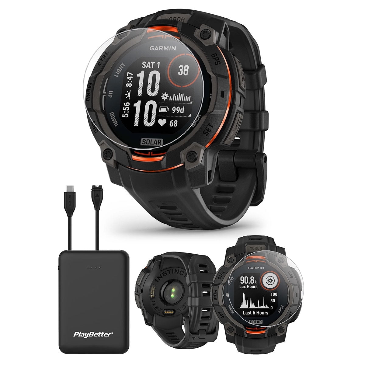 Garmin Instinct 3 Solar 45mm (Black) Rugged Outdoor GPS Smartwatch Bundle with PlayBetter Portable Charger & HD Screen Protectors