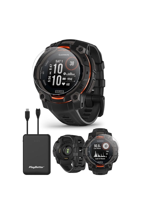 Garmin Instinct 3 Solar 45mm (Black) Rugged Outdoor GPS Smartwatch Bundle with PlayBetter Portable Charger & HD Screen Protectors