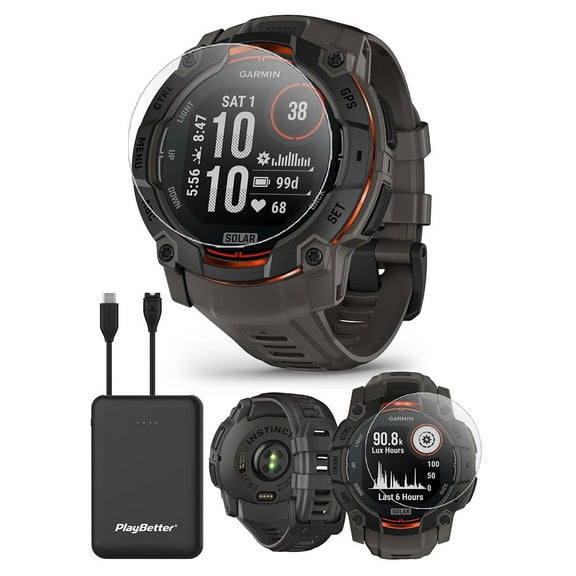 Garmin Instinct 3 Solar 50mm (Black/Charcoal) Rugged Outdoor GPS Smartwatch Bundle with PlayBetter Portable Charger & HD Screen Protectors