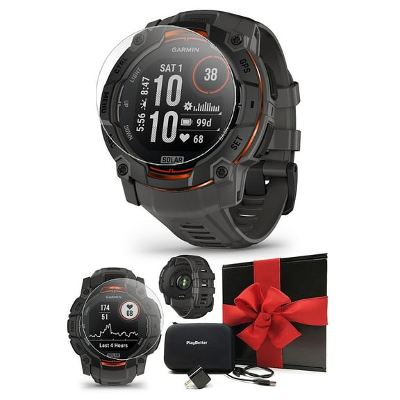 Garmin Instinct 3 Solar 50mm (Black/Charcoal) Rugged Outdoor GPS Smartwatch Gift Box Bundle with PlayBetter HD Screen Protectors, Wall Adapter & Case