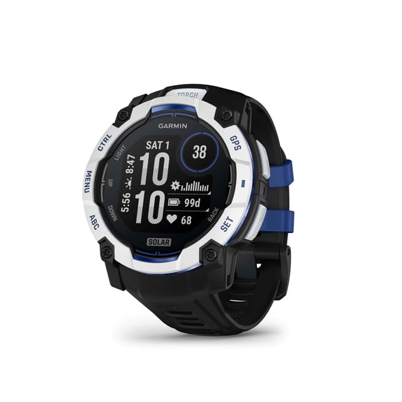 Garmin Instinct® 3 - 50 mm, Solar, Rugged Outdoor GPS Smartwatch, Built-in Flashlight, Supernova Collection Limited Edition Color, Whitestone with Black/Bolt Blue Silicone Band