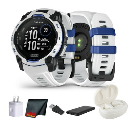 Garmin Instinct 3 Solar Rugged GPS Smartwatch, 45 mm Case,Supernova Collection Watch, Unlimited Battery with Solar Charging, Multi-Band GPS, Built-In Flashlight, Whitestone With Bolt Blue Band