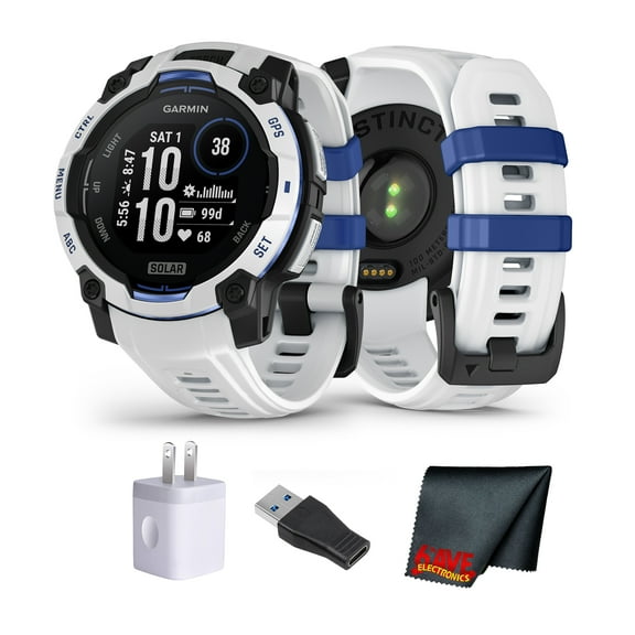 Garmin Instinct 3 Solar Rugged GPS Smartwatch, 45 mm Case, Unlimited Battery with Solar Charging, Multi-Band GPS, Built-In Flashlight, Whitestone With Bolt Blue Band (Supernova Collection)