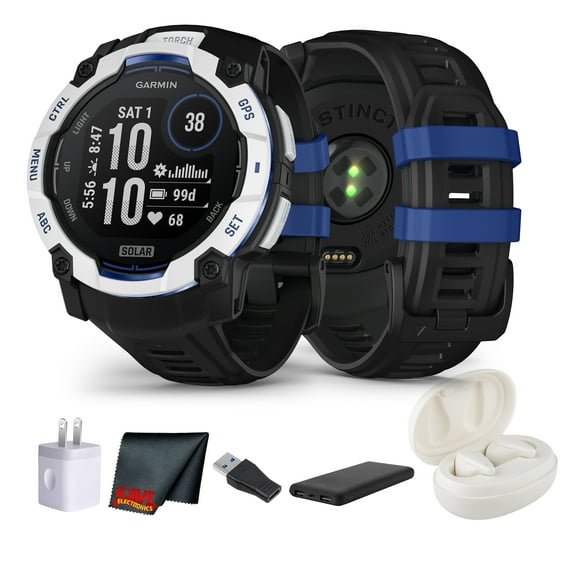 Garmin Instinct 3 Solar Rugged GPS Smartwatch, 50 mm Case, Unlimited Battery with Solar Charging, Multi-Band GPS, Built-In Flashlight, Whitestone with Black/Bolt Blue Band (Supernova Collection)