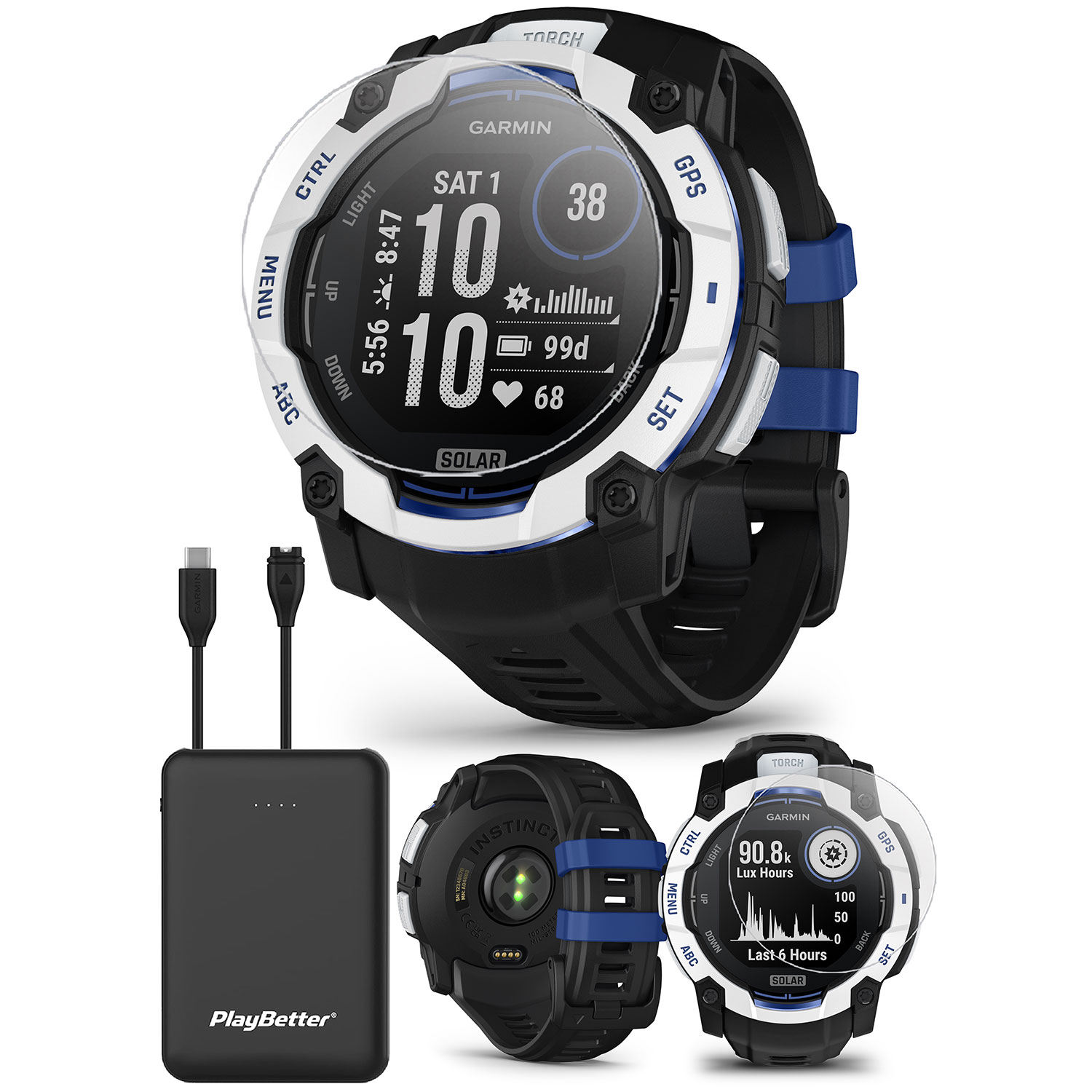 Garmin Instinct 3 Solar (Whitestone/Bolt Blue, 50mm) Rugged Outdoor GPS Smartwatch Bundle with PlayBetter Portable Charger & HD Screen Protectors