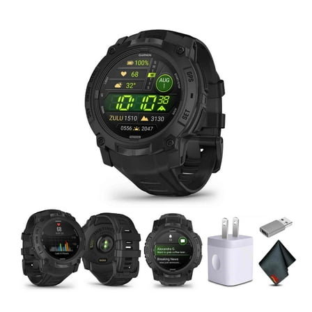 Garmin Instinct 3 Tactical Edition AMOLED 50mm Display, Rugged Outdoor GPS Smartwatch Bundle With USB Wall Charger + Microfiber Cleaning Cloth