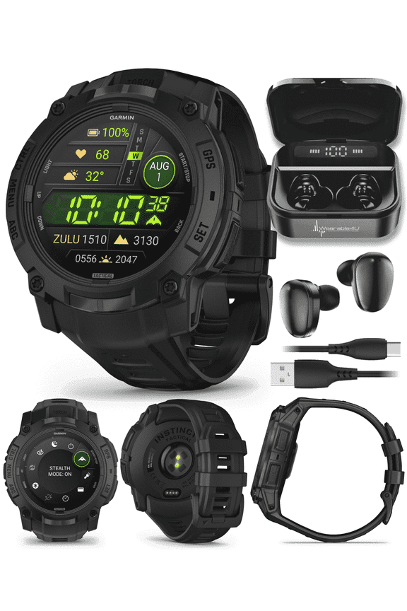 Garmin Instinct 3 Tactical Edition, AMOLED Display, 50mm, Rugged Outdoor GPS Smartwatch with Wearable4U Black EarBuds Bundle