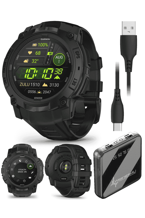 Garmin Instinct 3 Tactical Edition, AMOLED Display, 50mm, Rugged Outdoor GPS Smartwatch with Wearable4U PowerBank Bundle