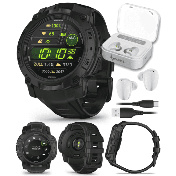 Garmin Instinct 3 Tactical Edition, AMOLED Display, 50mm, Rugged Outdoor GPS Smartwatch with Wearable4U White EarBuds Bundle