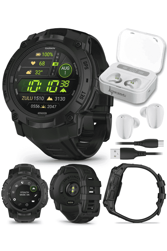 Garmin Instinct 3 Tactical Edition, AMOLED Display, 50mm, Rugged Outdoor GPS Smartwatch with Wearable4U White EarBuds Bundle