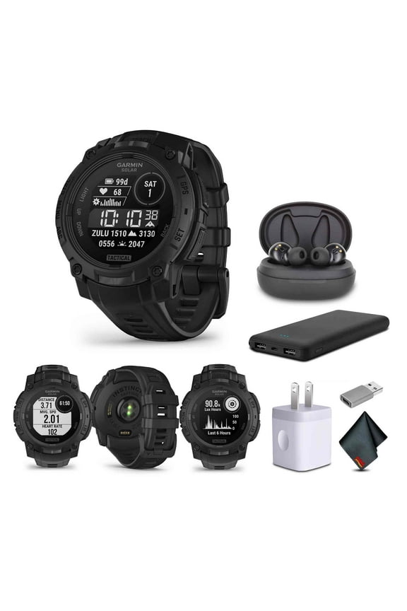 Instinct 3 Tactical Edition, Solar Charged 45mm Display, Outdoor Rugged GPS Smartwatch Bundle With USB Wall Charger + Microfiber Cleaning Cloth + More