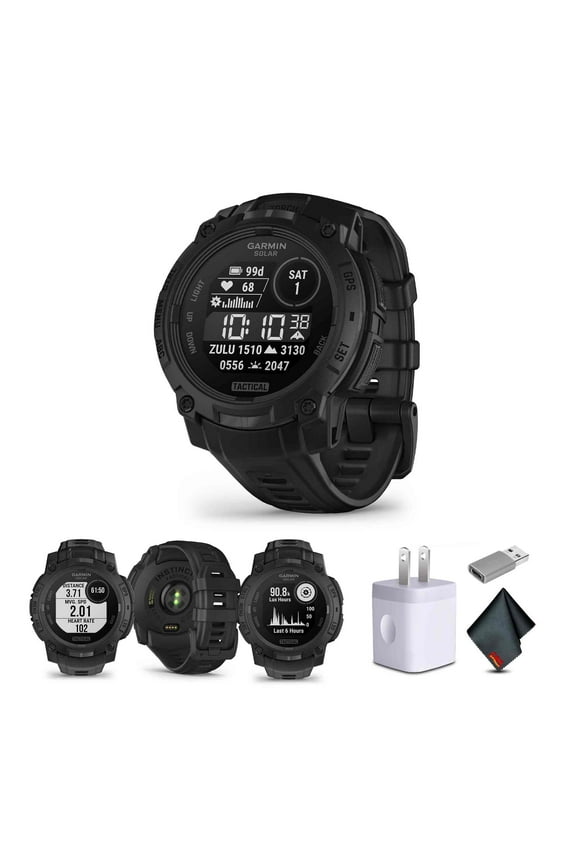 Instinct 3 Tactical Edition, Solar Charged 45mm Display, Outdoor Rugged GPS Smartwatch Bundle With USB Wall Charger + Microfiber Cleaning Cloth