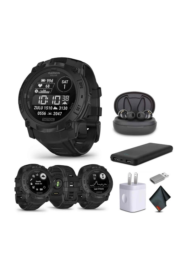 Instinct 3 Tactical Edition, Solar Charged 50mm Display, Outdoor Rugged GPS Smartwatch Bundle With USB Wall Charger + Microfiber Cleaning Cloth + More