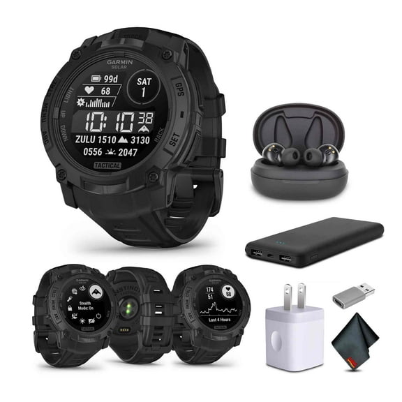 Garmin Instinct 3 Tactical Edition, Solar Charged 50mm Display, Outdoor Rugged GPS Smartwatch Bundle With USB Wall Charger + Microfiber Cleaning Cloth + More