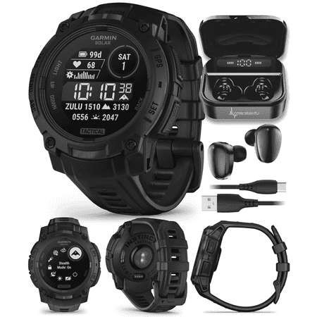 Garmin Instinct 3 Tactical Edition, Solar Charging Display, 45mm, Rugged Outdoor GPS Smartwatch with Wearable4U Black EarBuds Bundle
