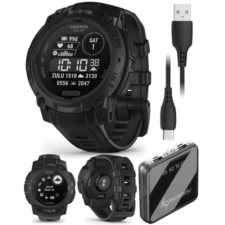 Garmin Instinct 3 Tactical Edition, Solar Charging Display, 45mm, Rugged Outdoor GPS Smartwatch with Wearable4U PowerBank Bundle