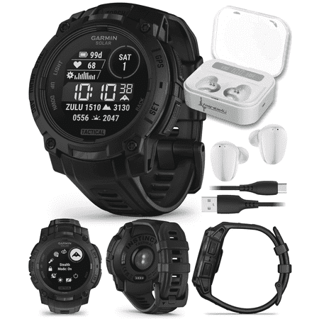 Garmin Instinct 3 Tactical Edition, Solar Charging Display, 45mm, Rugged Outdoor GPS Smartwatch with Wearable4U White EarBuds Bundle