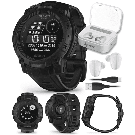 Garmin Instinct 3 Tactical Edition, Solar Charging Display, 45mm, Rugged Outdoor GPS Smartwatch with Wearable4U White EarBuds Bundle