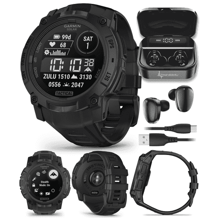 Garmin Instinct 3 Tactical Edition, Solar Charging Display, 50mm, Rugged Outdoor GPS Smartwatch with Wearable4U Black EarBuds Bundle