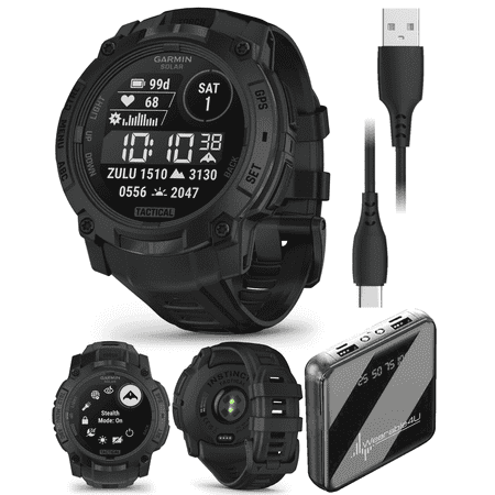Garmin Instinct 3 Tactical Edition, Solar Charging Display, 50mm, Rugged Outdoor GPS Smartwatch with Wearable4U PowerBank Bundle