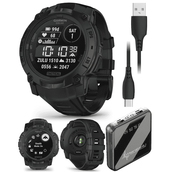 Garmin Instinct 3 Tactical Edition, Solar Charging Display, 50mm, Rugged Outdoor GPS Smartwatch with Wearable4U PowerBank Bundle