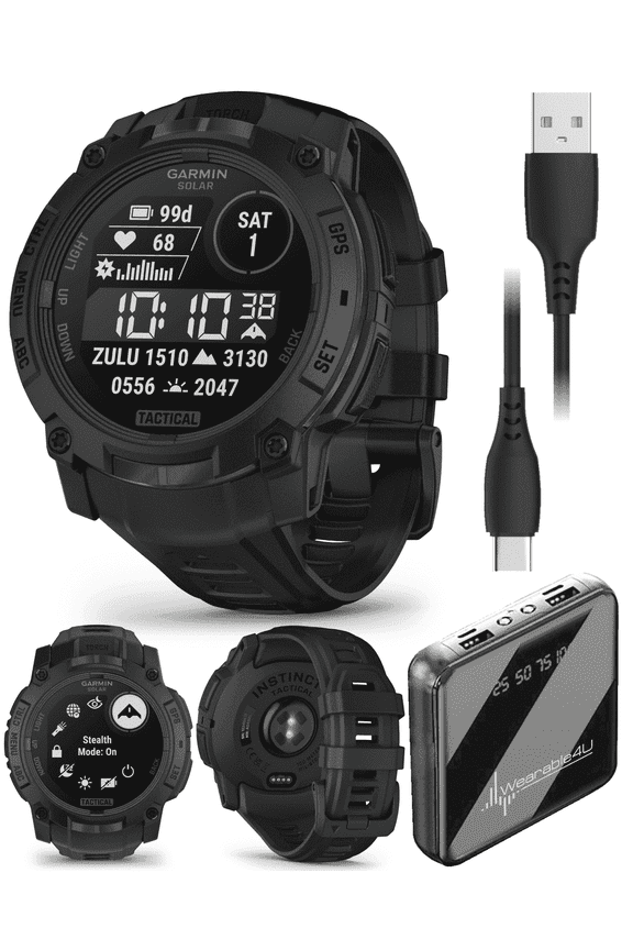 Garmin Instinct 3 Tactical Edition, Solar Charging Display, 50mm, Rugged Outdoor GPS Smartwatch with Wearable4U PowerBank Bundle