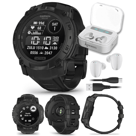 Garmin Instinct 3 Tactical Edition, Solar Charging Display, 50mm, Rugged Outdoor GPS Smartwatch with Wearable4U White EarBuds Bundle