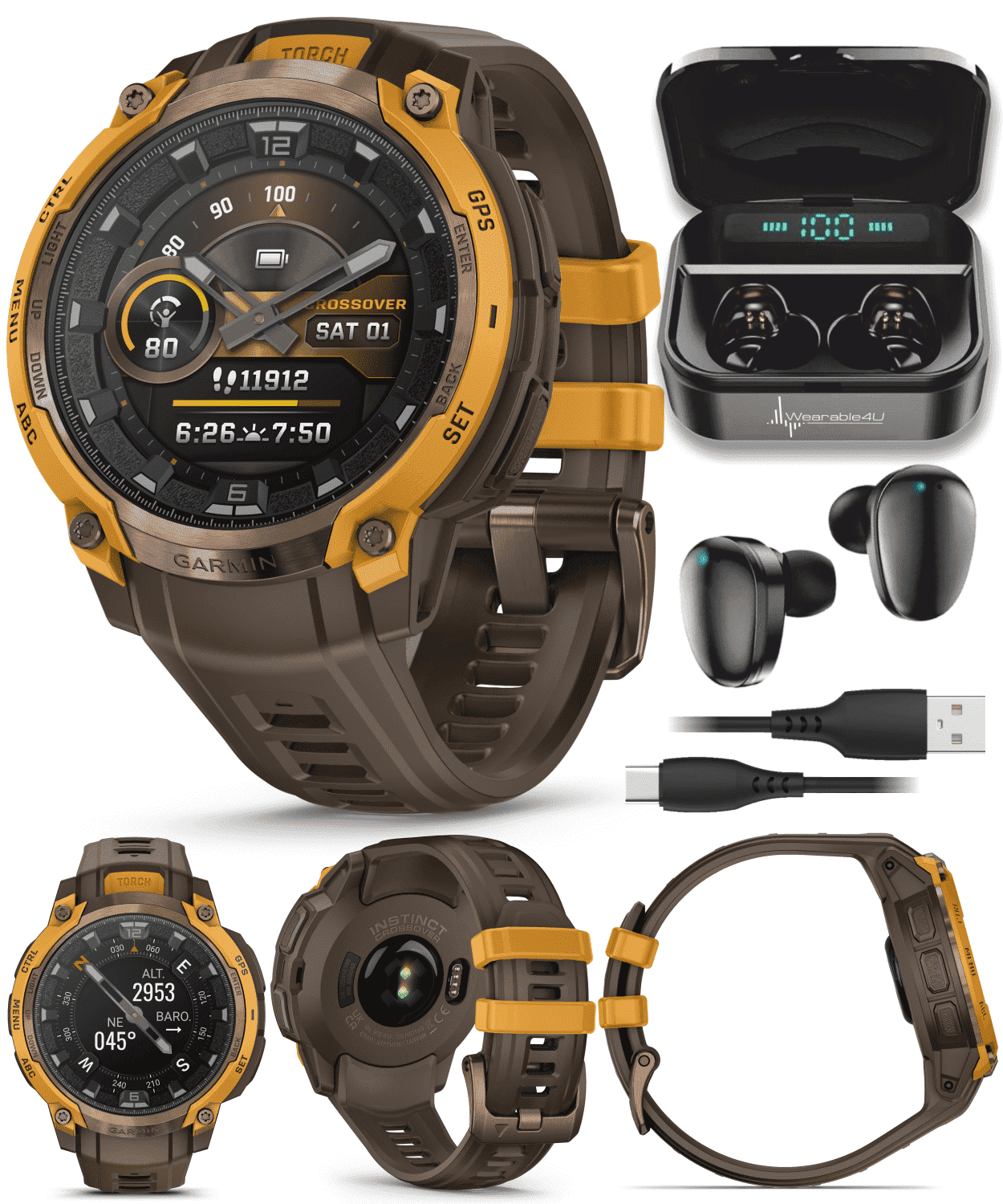 Garmin Instinct Crossover AMOLED Sapphire Rugged Hybrid GPS Smartwatch, Analog Hands, Bronze/Sunburst & Cocoa w/ Wearable4U Black EarBuds Bundle