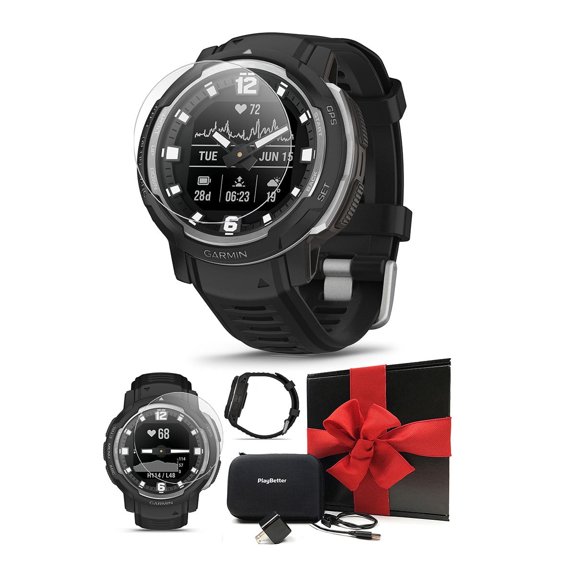 Garmin Instinct Crossover Black Hybrid Smart Watch | Gift Bundle: Screen Protectors, Wall Adapter, Case