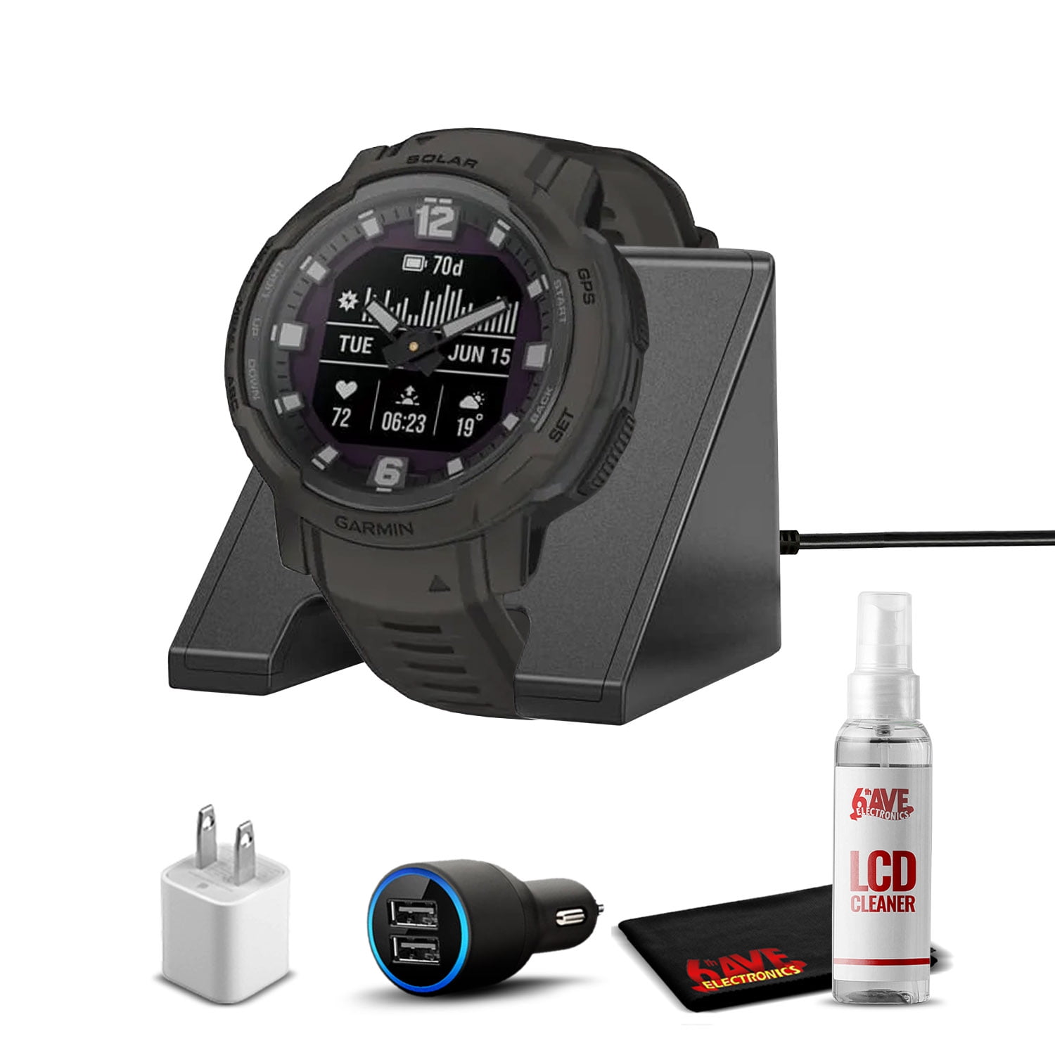Garmin Instinct Crossover Solar Rugged Hybrid Smartwatch with Solar Charging Capabilities Graphite with Watch Charging Stand, 2-Port Car Adapter, Wall-Adapter & Watch Cleaning Kit (010-02730-11)