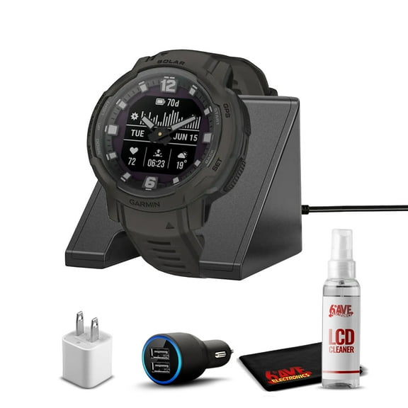 Garmin Instinct Crossover Solar Rugged Hybrid Smartwatch with Solar Charging Capabilities Graphite with Watch Charging Stand, 2-Port Car Adapter, Wall-Adapter & Watch Cleaning Kit (010-02730-11)