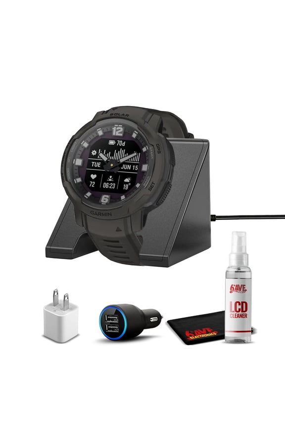 Instinct Crossover Solar Rugged Hybrid Smartwatch with Solar Charging Capabilities Graphite with Watch Charging Stand, 2-Port Car Adapter, Wall-Adapter & Watch Cleaning Kit (010-02730-11)