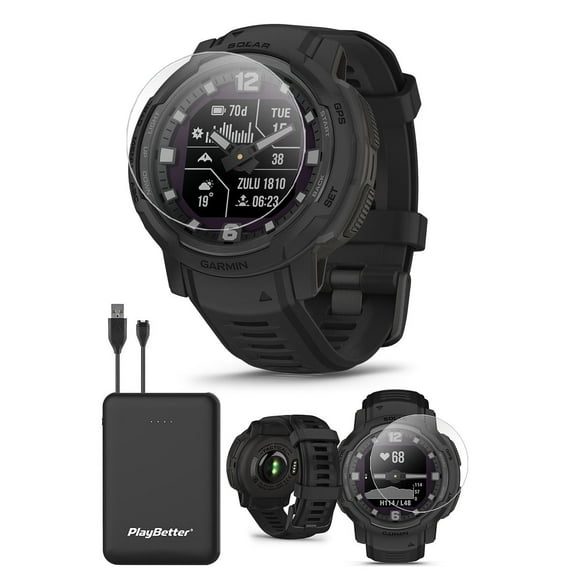 Garmin Instinct Crossover Solar Tactical (Black) Hybrid Rugged Smart Watch | Bundle with PlayBetter Portable Charger & Screen Protectors | Luminescent Analog Hands & Digital Display