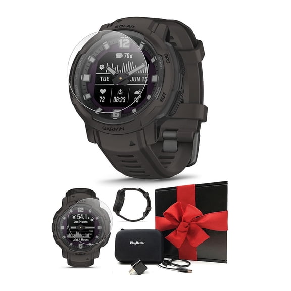 Garmin Instinct Crossover Solar Tactical (Black) Hybrid Rugged Smart Watch | Gift Box Bundle with Screen Protectors, Wall Adapter & Hard Case | Luminescent Analog Hands & Digital Display