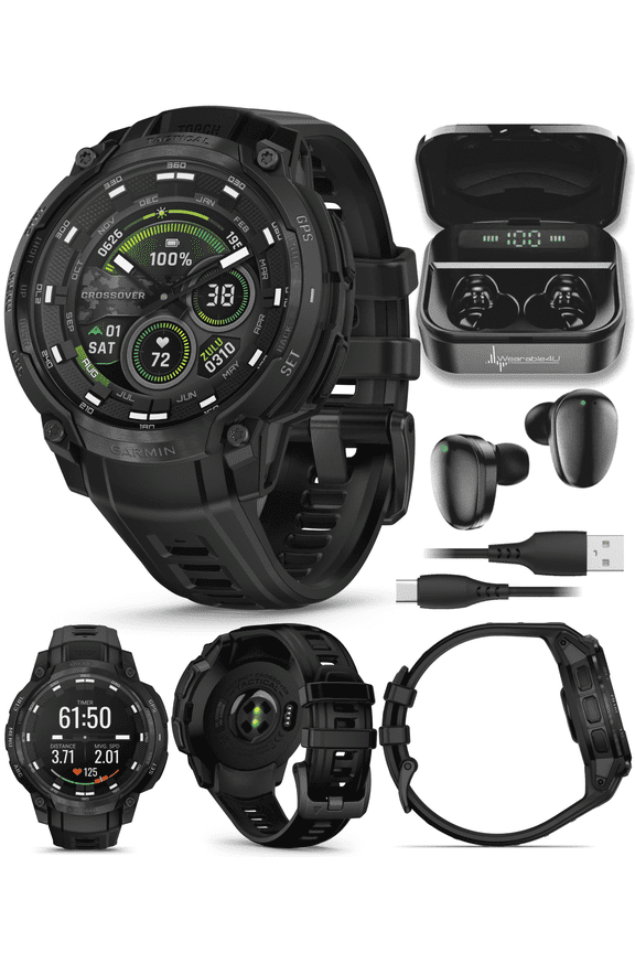 Garmin Instinct Crossover Tactical Edition Rugged Hybrid GPS Smartwatch, AMOLED Sapphire, Analog Hands, Black w/ Wearable4U Black EarBuds Bundle