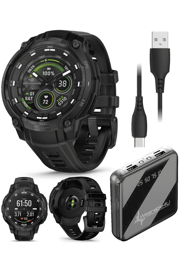 Garmin Instinct Crossover Tactical Edition Rugged Hybrid GPS Smartwatch, AMOLED Sapphire, Analog Hands, Black w/ Wearable4U PowerBank Bundle