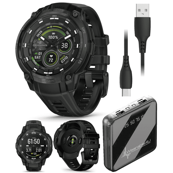 Garmin Instinct Crossover Tactical Edition Rugged Hybrid GPS Smartwatch, AMOLED Sapphire, Analog Hands, Black w/ Wearable4U PowerBank Bundle