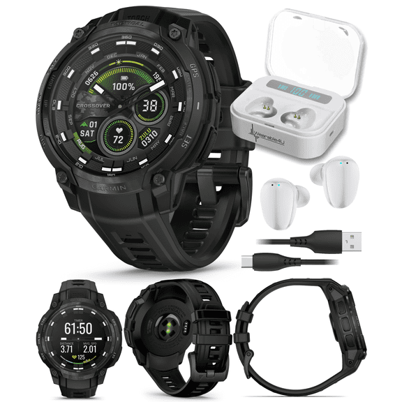 Garmin Instinct Crossover Tactical Edition Rugged Hybrid GPS Smartwatch, AMOLED Sapphire, Analog Hands, Black w/ Wearable4U White EarBuds Bundle