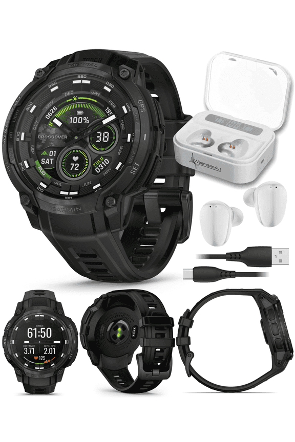 Garmin Instinct Crossover Tactical Edition Rugged Hybrid GPS Smartwatch, AMOLED Sapphire, Analog Hands, Black w/ Wearable4U White EarBuds Bundle