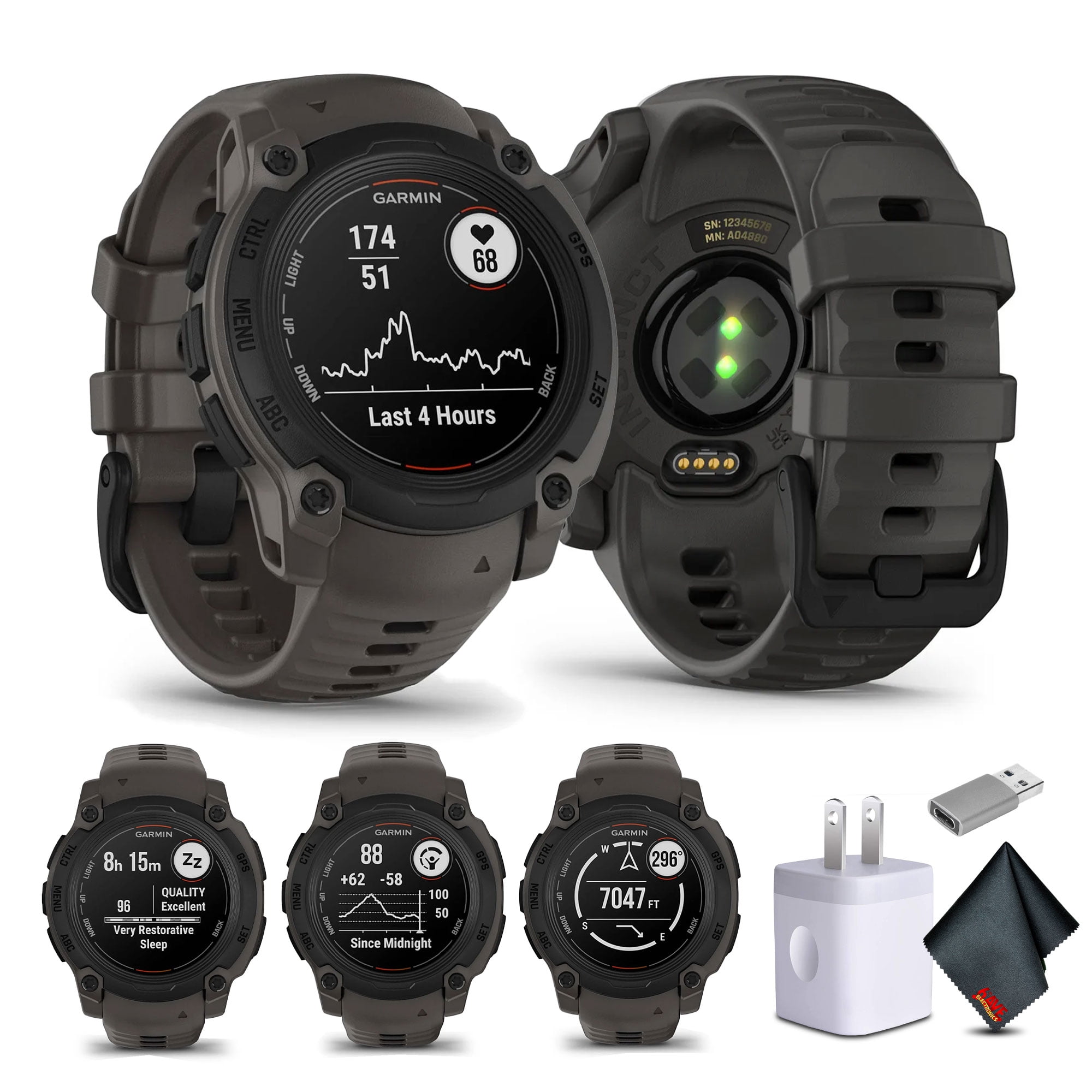Garmin Instinct E 40mm, Outdoor GPS Smartwatch Charcoal 010-02932-00 Health, Fitness and Tactical Smart Watch Bundle