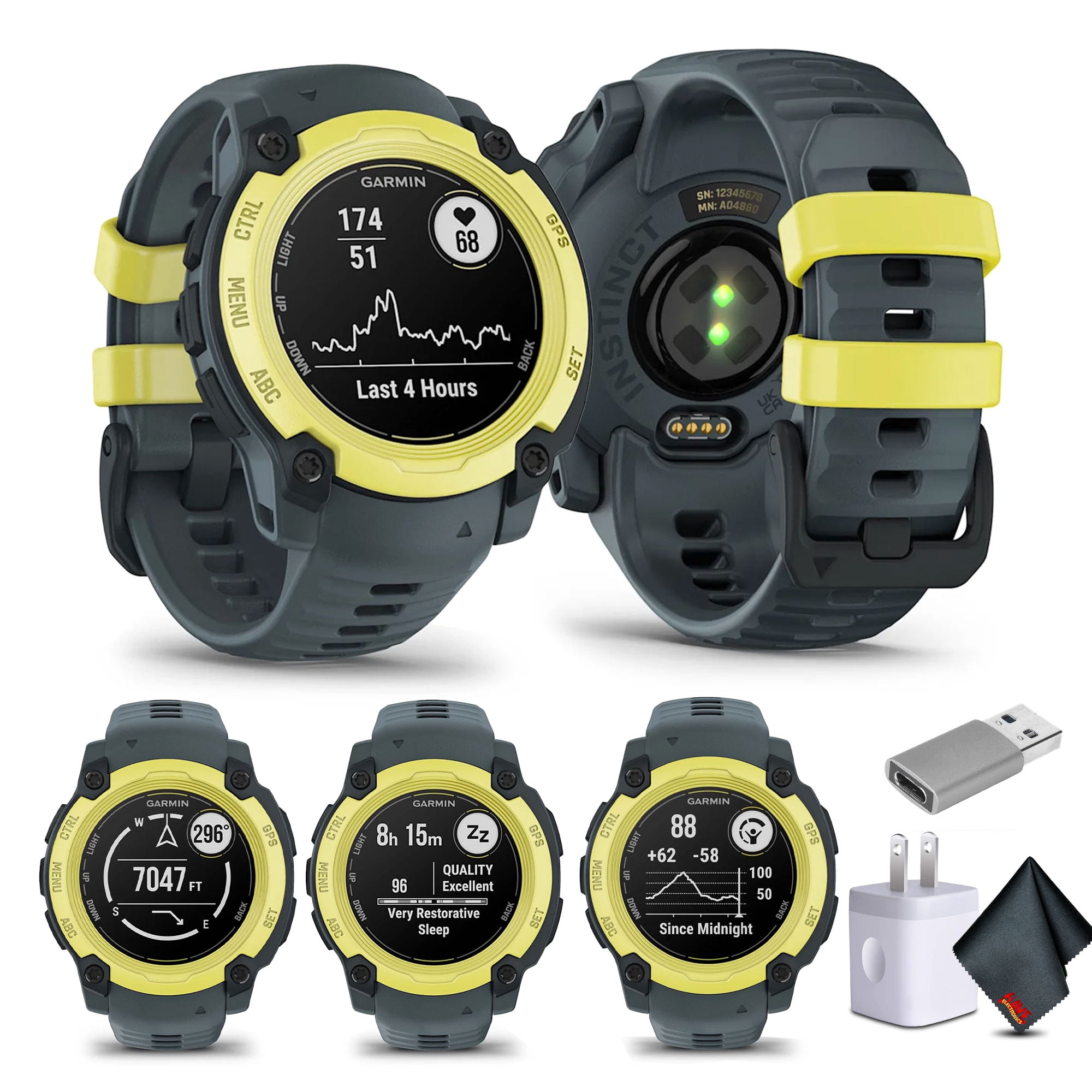 Garmin Instinct E 40mm, Outdoor GPS Smartwatch Electric Lime/Twilight 010-02932-01 Health, Fitness and Tactical Smart Watch Bundle