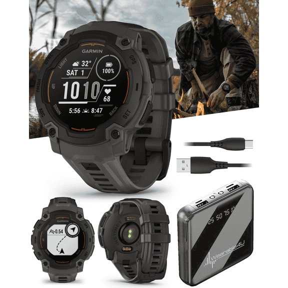 Garmin Instinct E 45mm, Rugged Outdoor GPS Smartwatch, 24/7 Health Monitoring, Wrist-Based Heart Rate, Up to 16 Days of Battery Life, Black with Charcoal Band with Wearable4U Bundle