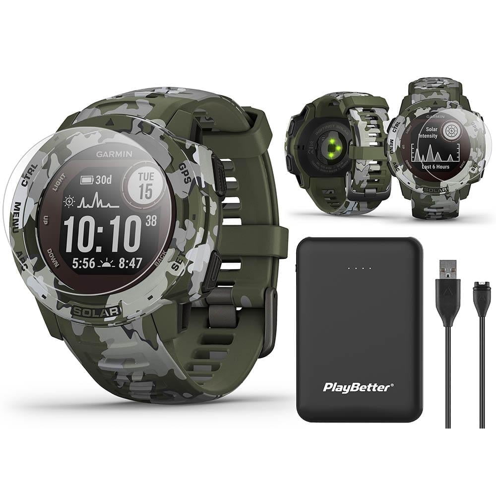 Garmin Instinct Solar Camo (Lichen) GPS Military Smartwatch Power Bundle | Includes PlayBetter Power Bank Charger & Screen Protectors | Outdoor Hunting Gear | Solar Hiking Watch | 010-02293-16