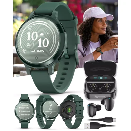Garmin Lily 2 Active 38 mm Women Stylish GPS Smartwatch Jasper Green w Black EarBuds